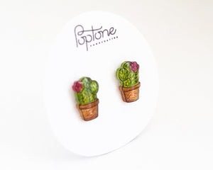 Potted Flowering Cactus Stud Earrings