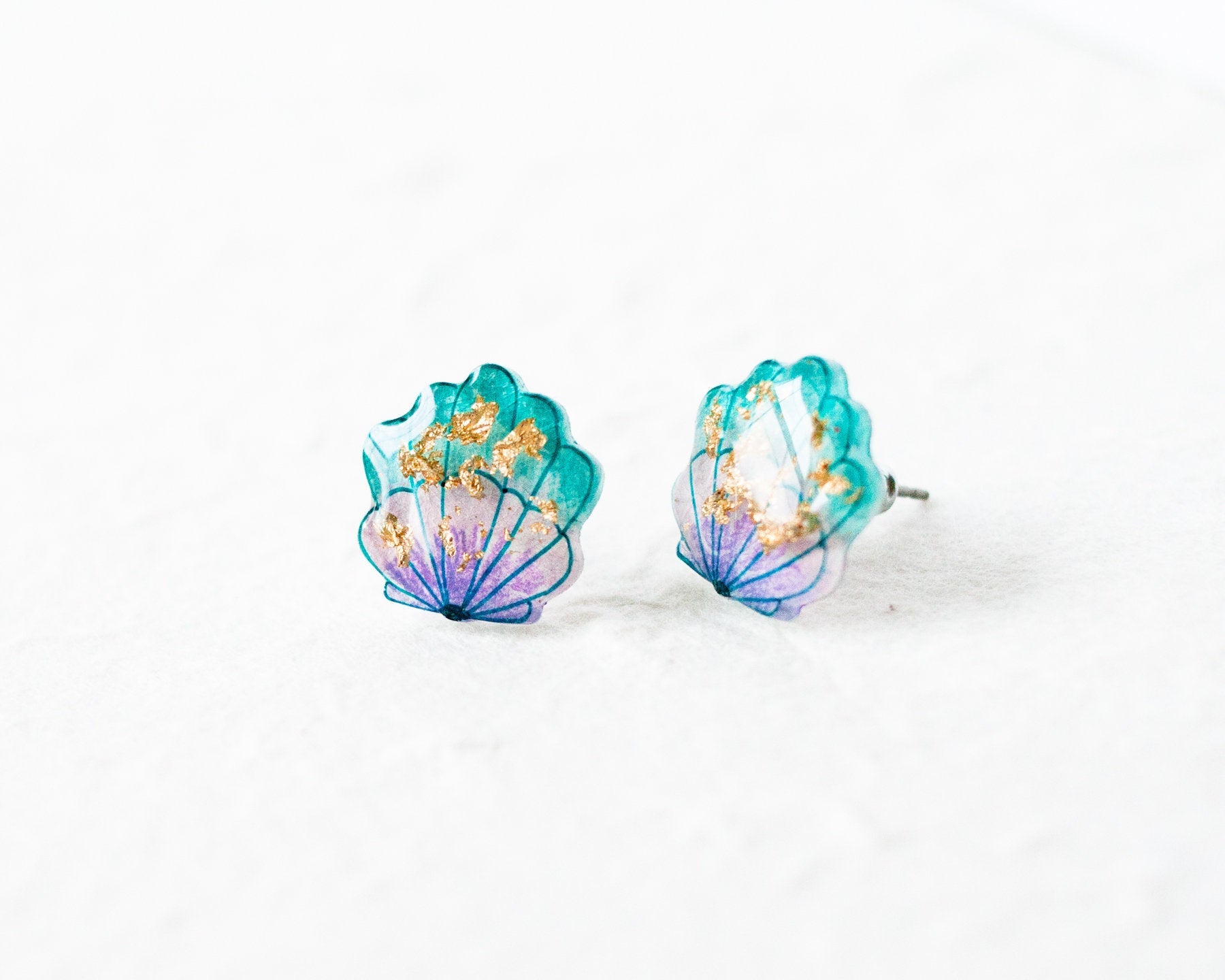 Mermaid Shell Stud Earrings with Gold Leaf