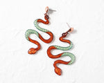 Load image into Gallery viewer, Boho Snake Serpent Earrings/detailed snake Statement earrings bronze and green
