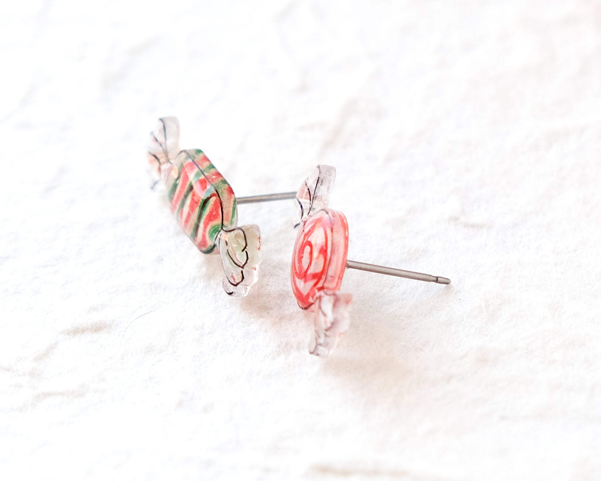 Handmade Mismatched Christmas Candy Stud Earrings – Peppermint & Striped Retro Holiday Jewelry