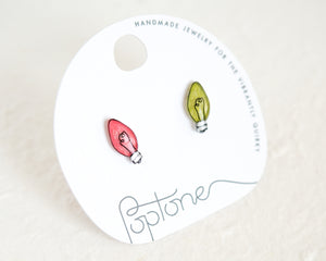 Mini Christmas Lightbulb Stud Earrings with Silver Accents