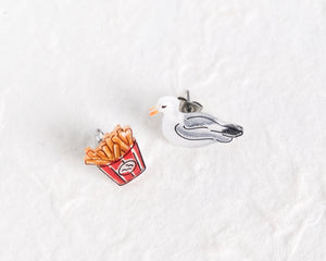 Seagull and French Fries Mismatched Beach Stud Earrings