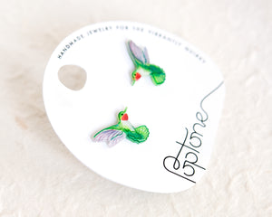 Green Ruby-throated Hummingbird Handmade Stud Earrings