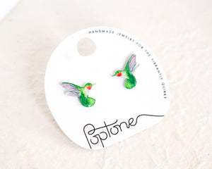 Green Ruby-throated Hummingbird Handmade Stud Earrings