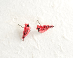 Red Cardinal Winter Bird Stud Earrings