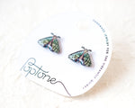 Load image into Gallery viewer, a pair of earrings with butterfly designs, placed on a white circular card with text and graphics.
