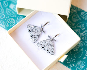 White and Silver Elegant Moth Earrings on Silver Hinged 12 mm Huggie Hoops