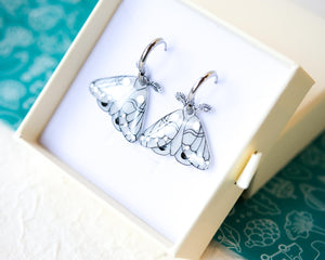 White and Silver Elegant Moth Earrings on Silver Hinged 12 mm Huggie Hoops