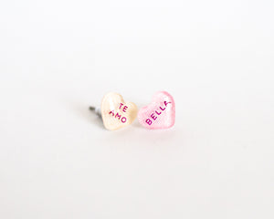 Spanish Valentine Candy Heart Earrings: TE AMO + BELLA