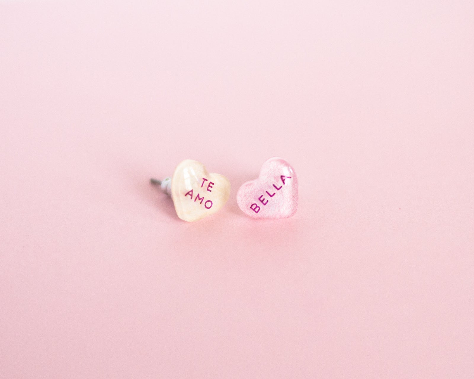 Spanish Valentine Candy Heart Earrings: TE AMO + BELLA