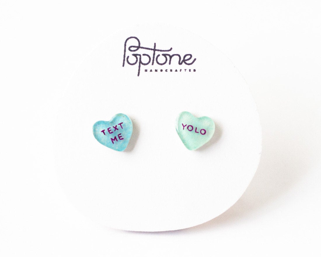 YOLO + Text Me Candy Heart Valentine Stud Earrings