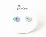 Load image into Gallery viewer, YOLO + Text Me Candy Heart Valentine Stud Earrings
