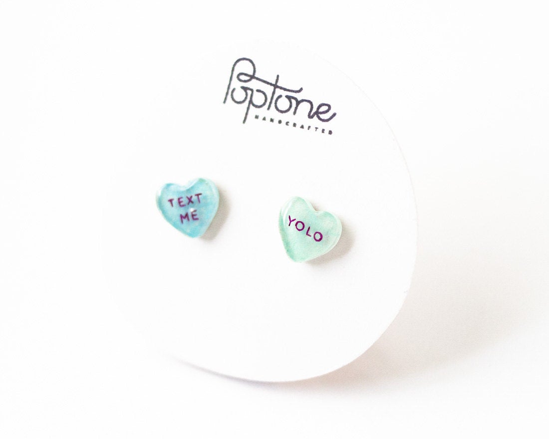 YOLO + Text Me Candy Heart Valentine Stud Earrings