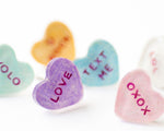 Load image into Gallery viewer, YOLO + Text Me Candy Heart Valentine Stud Earrings
