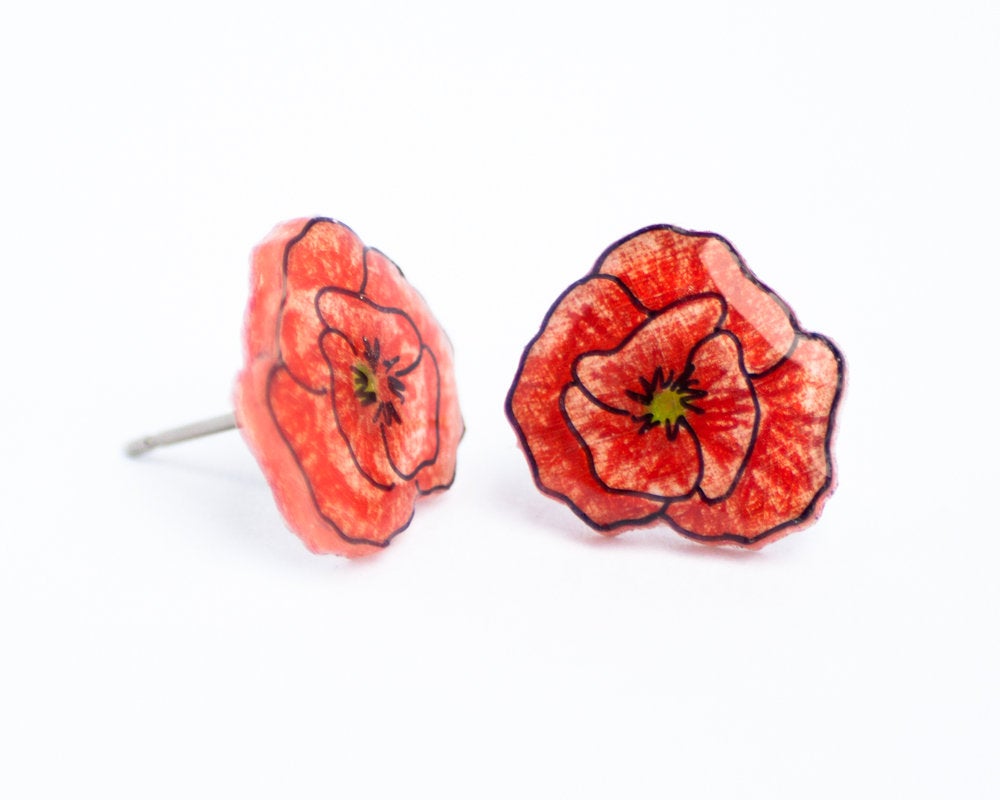 Red Poppy Stud Earrings with Ear Jackets