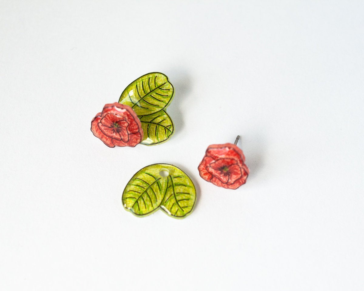 Red Poppy Stud Earrings with Ear Jackets