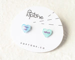 Load image into Gallery viewer, YOLO + Text Me Candy Heart Valentine Stud Earrings
