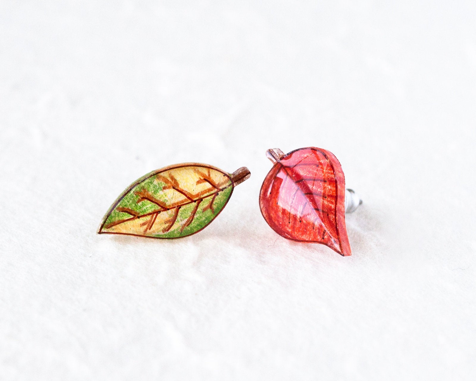 Red and Green Autumn Leaf Mismatched Stud Earrings