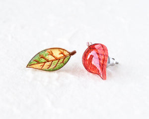 Red and Green Autumn Leaf Mismatched Stud Earrings
