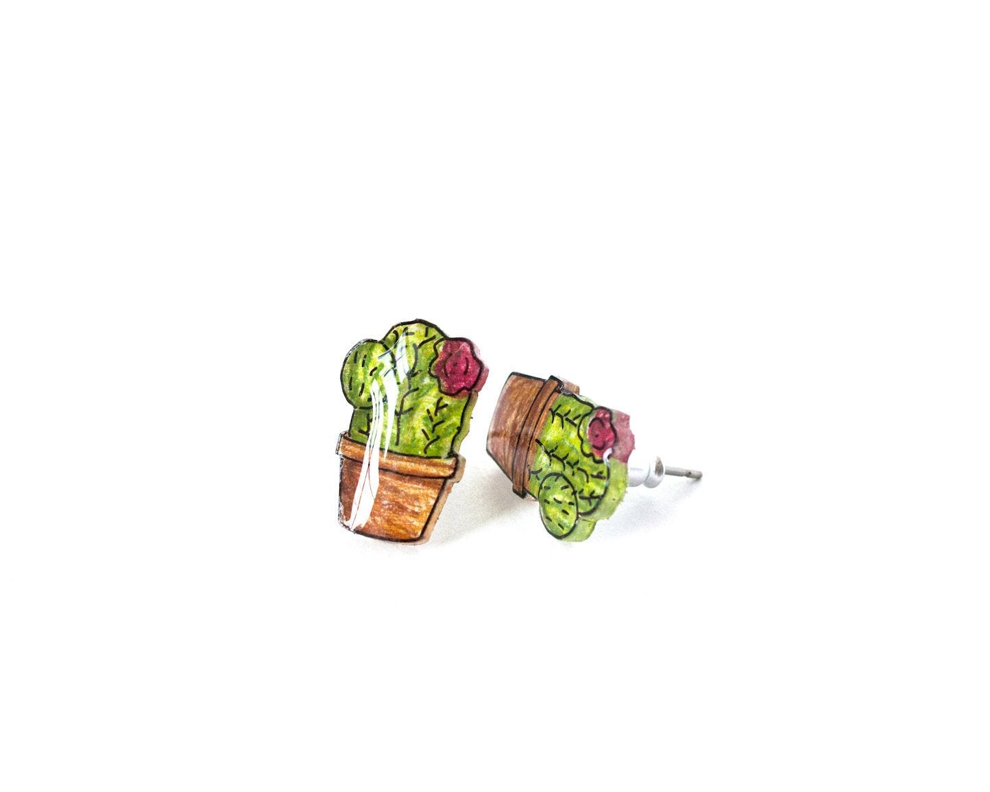 Potted Flowering Cactus Stud Earrings