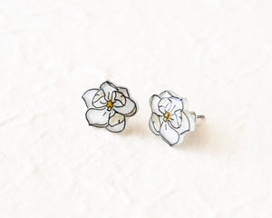 White Magnolia Flower Stud Earrings