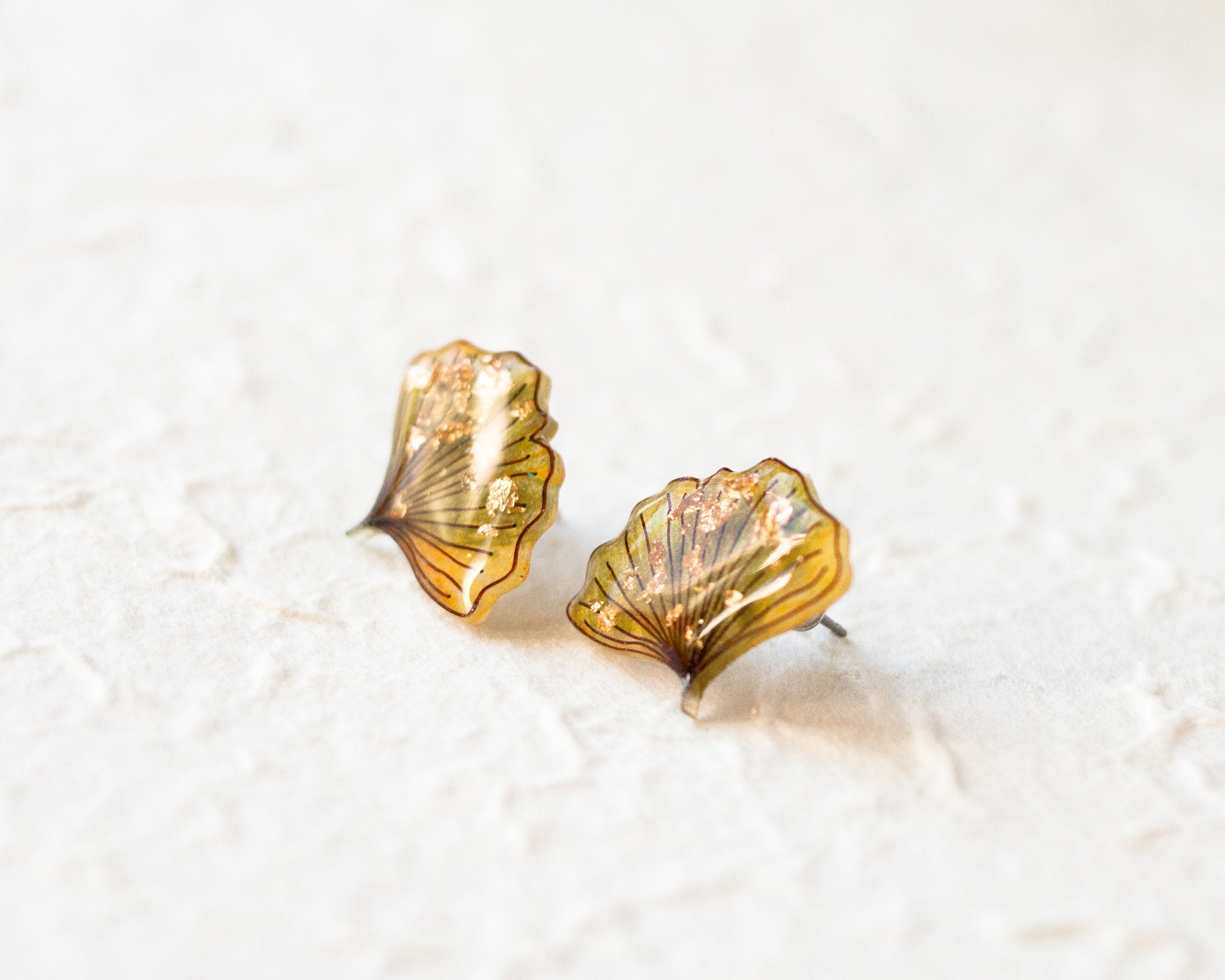 Ginkgo Biloba Leaf Statement Stud Earrings with Gold Accents
