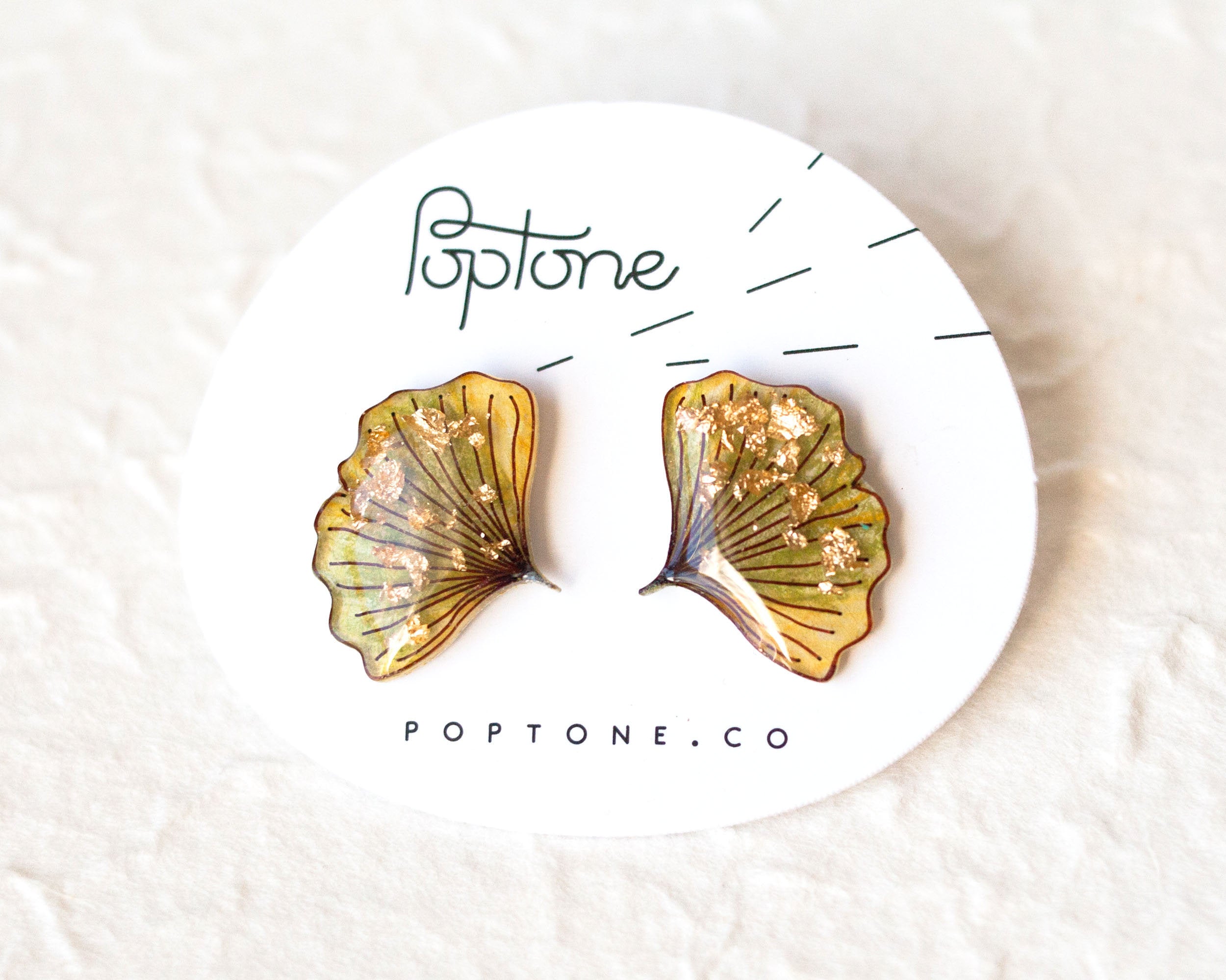 Ginkgo Biloba Leaf Statement Stud Earrings with Gold Accents