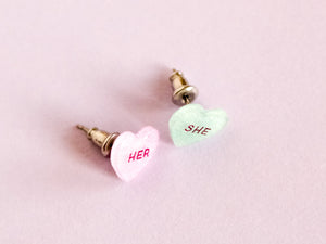 She/Her Pronoun Conversation Heart Earrings