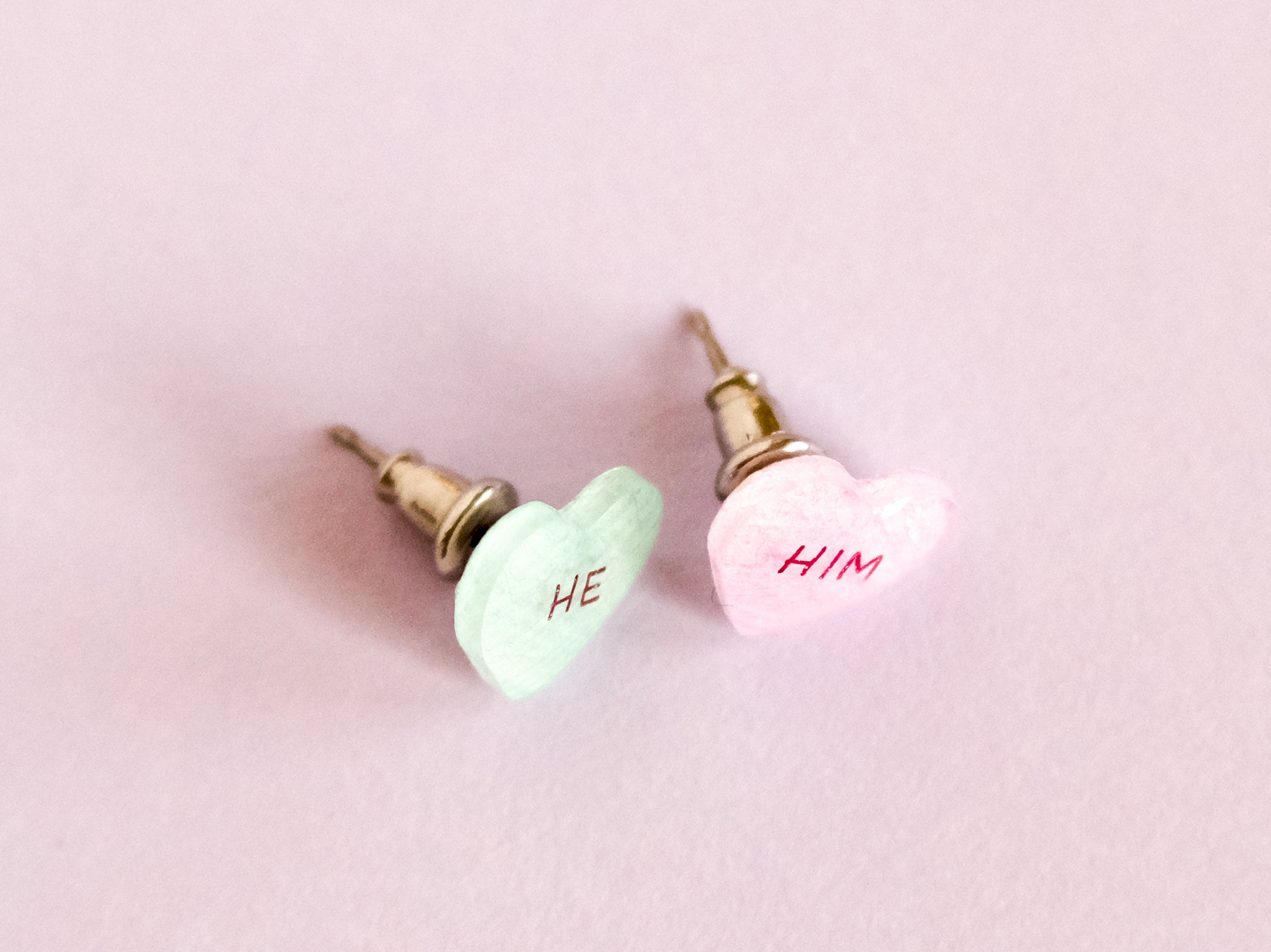 He/Him Pronoun Conversation Heart Earrings