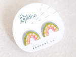 Load image into Gallery viewer, Simple Pastel Rainbow Arch Stud Earrings with metallic silver dots
