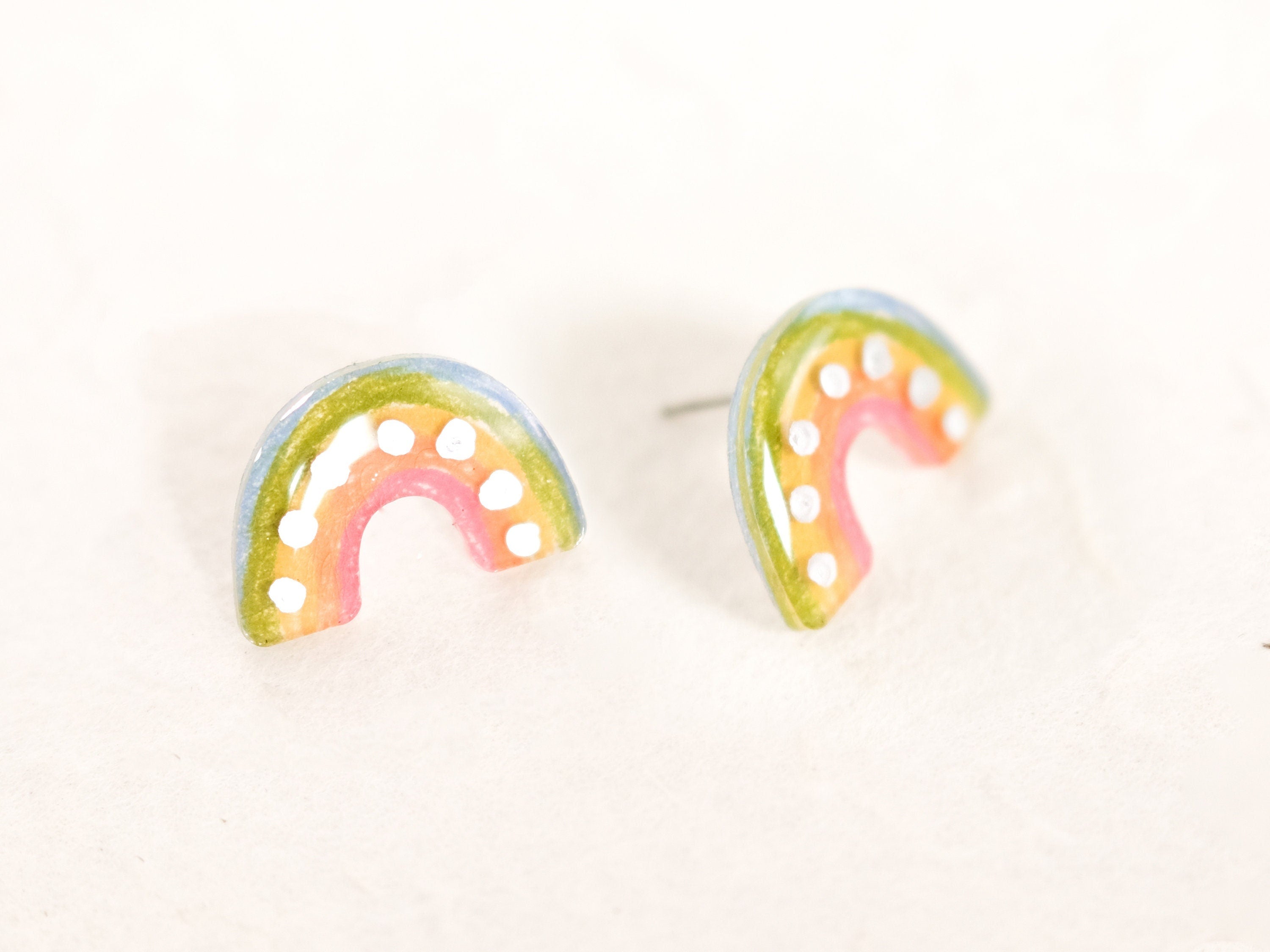 Simple Pastel Rainbow Arch Stud Earrings with metallic silver dots